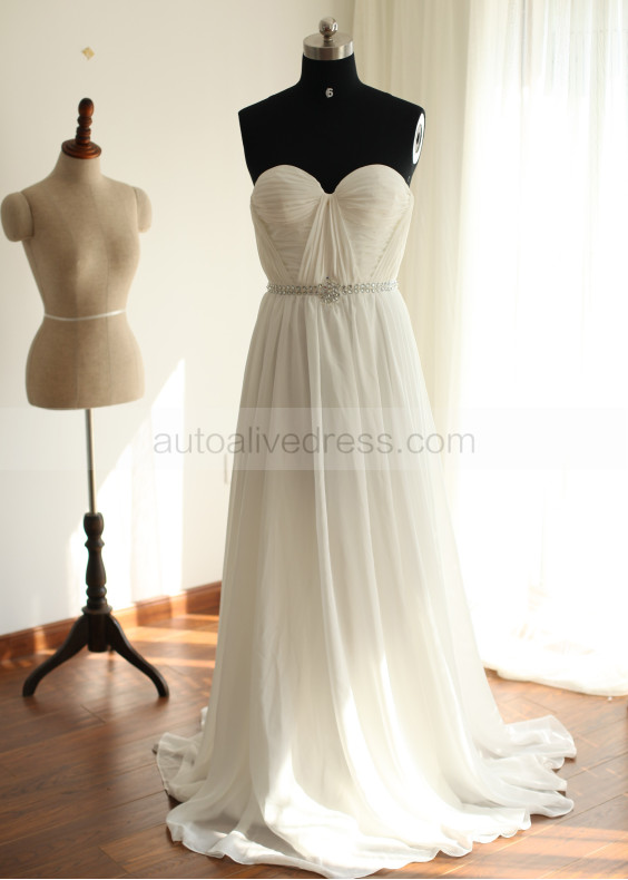 Off-shoulder Sleeves Pleats Chiffon Beads Sash Long Wedding Dress